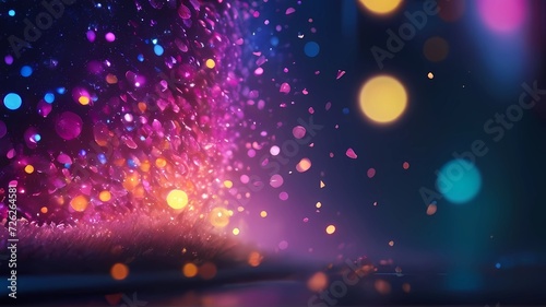 A colorful and bright image of a purple and pink explosion with yellow bokeh particles scattered throughout the scene.