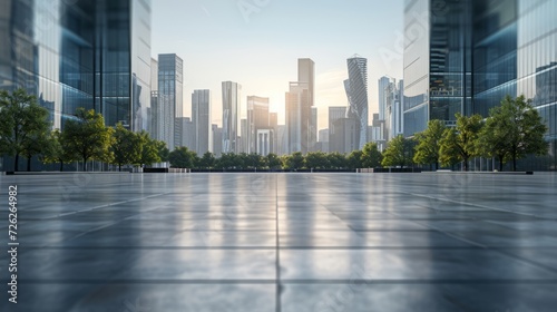 3D rendering of a modern city with a beautiful view and empty floor in front