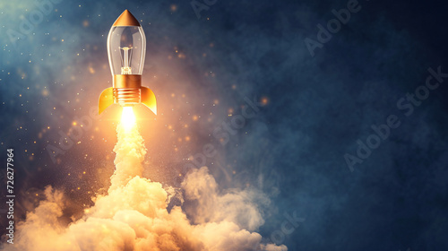 A light bulb takes off like a rocket with copy space