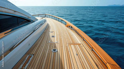 deck of a luxury modern teak yacht close-up against the sea