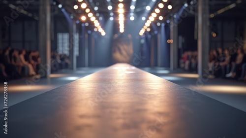 Empty floodlit catwalk for a fashion show with an audience. Trendy style event background