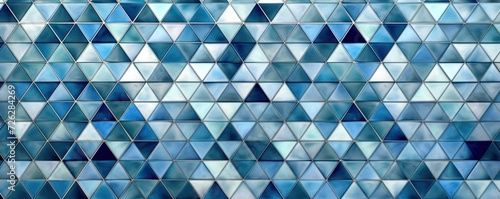 Abstract triangular blue white mosaic tile wallpaper wall or floor texture with geometric triangles background banner, seamless pattern, Generative AI 
