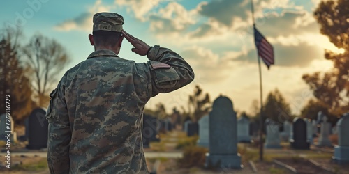 American soldier stands and saluting at a memorial