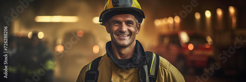 Brave Firefighter Smiling in Gear: Heroic Fireman Portrait with Emergency Vehicles Background
