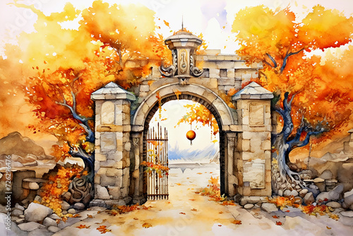 An ancient stone gate with an open wicket surrounded by yellow autumn trees. Path into unknown that connects past and future. Illustration, watercolor
