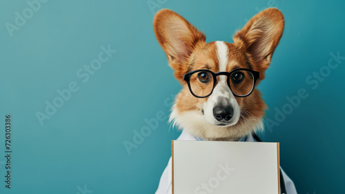 Welsh Corgi dog dressed as a vet doctor with glasses, holding a blank sign mock-up on blue background with copy space for text, template for veterinary clinic message or pet health and care advice