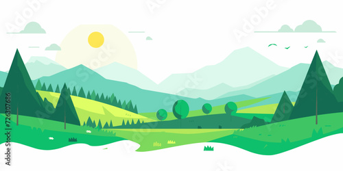 In this vector illustration of a summer landscape, a vibrant green forest with towering trees extends towards distant mountains, under a sun-drenched sky adorned with fluffy clouds.