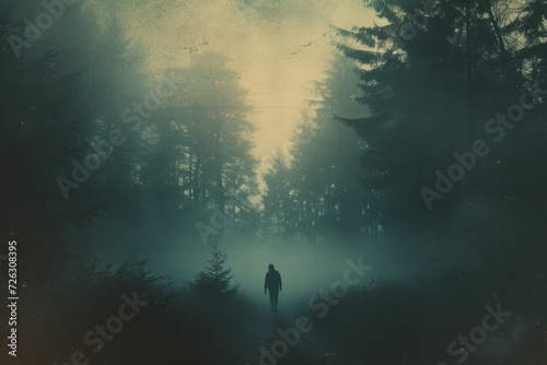 The silhouette of a lone figure walking through a misty forest at dawn. A connection between man and nature.