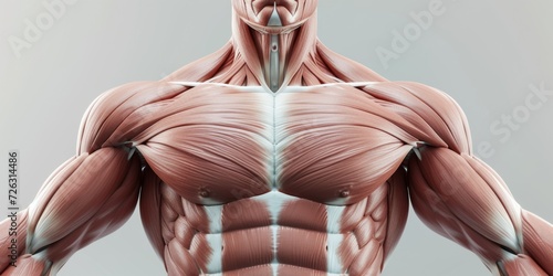 Detailed View Of 3D Rendered Muscles In The Upper Body Of A Male. Сoncept Muscle Anatomy, Upper Body Muscles, 3D Rendering, Male Anatomy, Detailed View