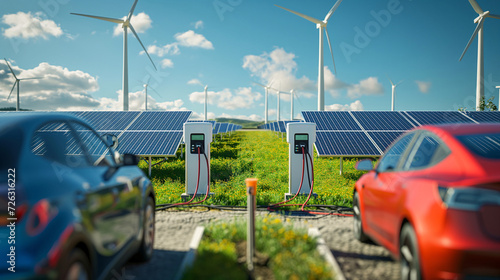 2 electric cars are charging at a station in front of the solar and wind farms.