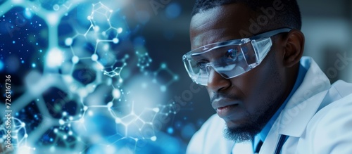 An African scientist is generating scientific ideas and solving problems in a lab, using glass surfaces for writing and planning related to medical health and mathematical concepts.