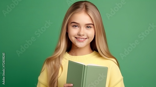 Young smiling blonde russian girl thumbs up and holds book isolated on green background with copy space
