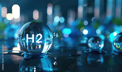 H2 hydrogen word in bubble on forest background, innovation hydrogen H2, zero emission technology.