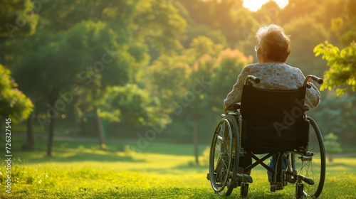 Serene elderly woman in a wheelchair enjoying a peaceful moment in a sunlit park, symbolizing solitude and reflection in later life
