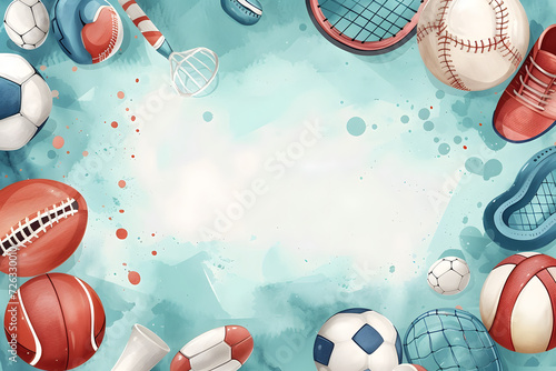  Cute cartoon sports equipment frame border on background in watercolor style.