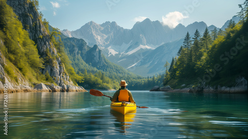 A man seen from the backside having a trip on a canoe in crystal clear mountain lake. 