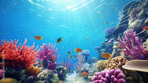 Beautiful coral reef with tropical fish. Underwater sea world with topical fish and corals. Generative AI