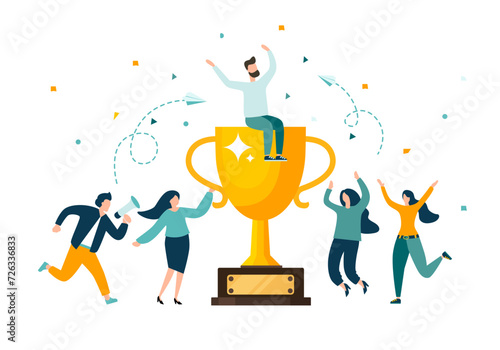 Golden trophy cup, symbol of victory, team celebrating victory. Modern flat style vector illustration