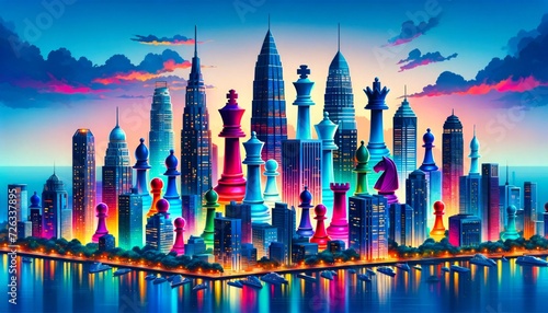 Chess pieces as city buildings against a vibrant sunset, melding strategy with urban splendor.