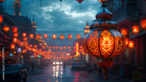Arabic building with lanterns ramadan vibe in air 