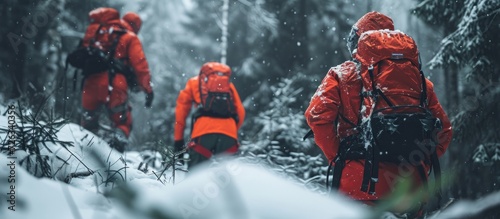 Winter mountain rescue team locating an avalanche survivor in the forest during an outdoor mission.