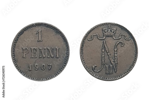 1 Penni 1907 Nikolai II. Coin of Finland. Obverse Crowned monogram of Nikolai II. Reverse Denomination and date
