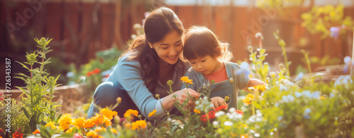 Mother and daughter gardening in spring morning light. Wide banner.