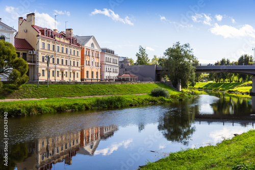 Golden Embankment of the Velikaya River, street view of Pskov