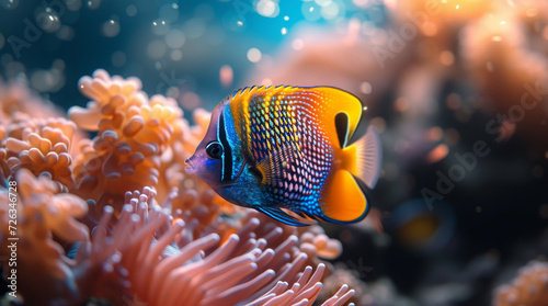 A close-up image of an angelfish among sea anemones. For covers, backgrounds, wallpapers and other projects about nature and sea animals.