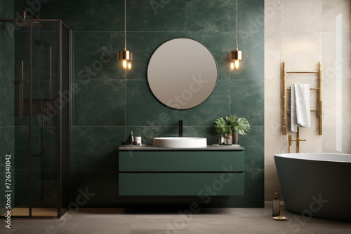 Modern bathroom interior with stylish green tiles and golden accents