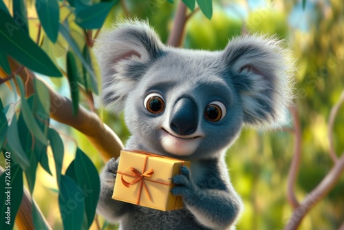 A cuddly, cartoonish koala with big eyes, holding a birthday present, set against an Australian bush background with eucalyptus leaves.
