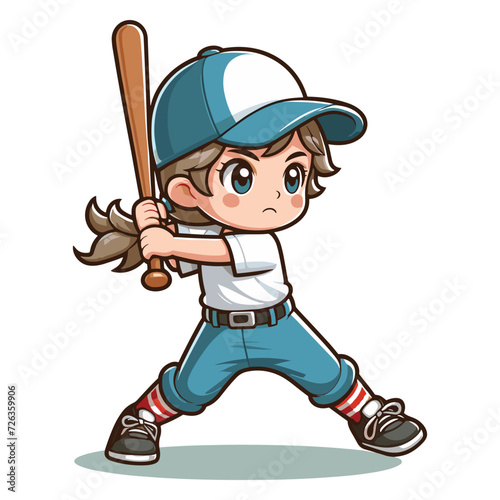Happy cute little girl playing baseball softball in action cartoon vector illustration, hitter swinging with bat design template isolated on white background