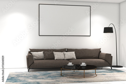 Modern living room with frame mock up on the wall. Design 3d rendering of gray and white images. Design print for illustration, presentation, mock up, interior, cover, zoom background. Set 7