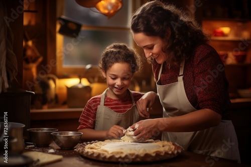 mother s with her kids cooking pie in the kitchen to day casual lifestyle real life interior homey homelike home environment holiday village traditional values candles concept image of a proper family