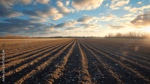 Plowed Agricultural Field at Sunset with Cloudy Sky and Horizon