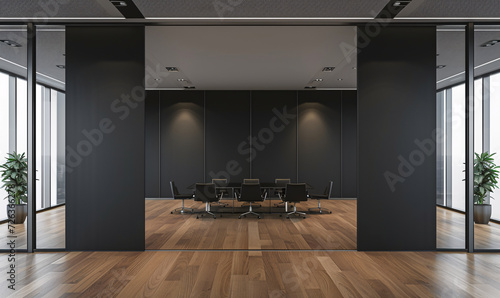 Modern and Spacious Conference Room with Black Paneling and Herringbone Wood Floor