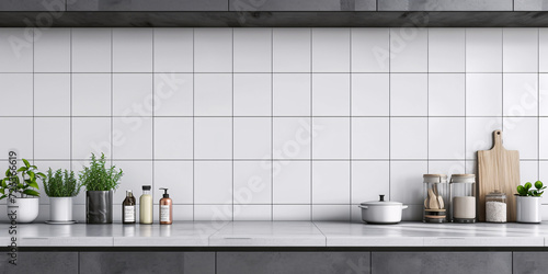 Modern Kitchen Countertop with Ceramic Tiles, Herb Plants, and Cooking Utensils