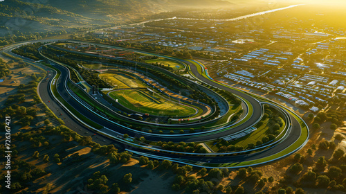 aerial view of race track and competition at sunset with green grass around