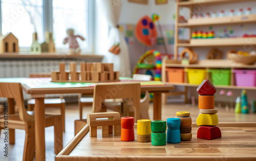 Montessori early education. Kindergarten, preschool classroom interior with wooden furniture, educational material, wooden educational toys.