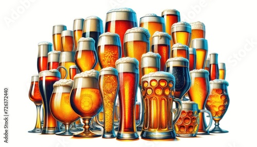 A variety of full beer glasses on a pure white background, including classic pint glasses, sophisticated pilsner glasses, hearty mugs, and traditional steins, all overflowing with rich, golden beer