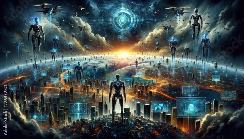 A dramatic and intense scene of artificial intelligence taking over Earth, with advanced robotic entities and AI systems imposingly standing over major world cities