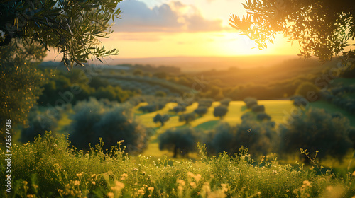 A photo of olive groves, with lush greenery as the background, during a peaceful afternoon in the countryside of Puglia