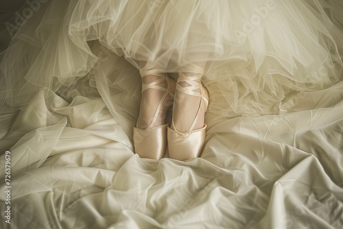 ballet slippers on, dancers legs under a tullestuffed comforter