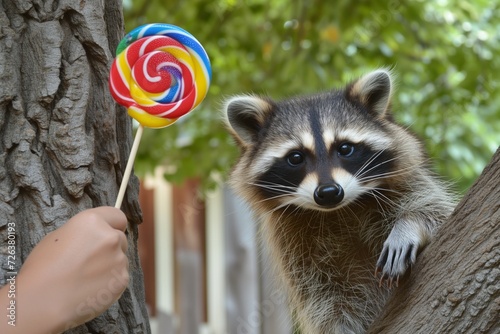 human hand offers a lollipop to a raccoon peeking from a tree