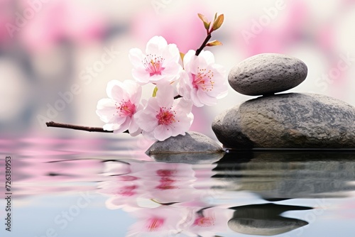 Serene Reflections: Zen Stones Amidst Blossoming Tranquility - Generative AI