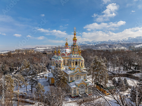 Quadcopter view of the Orthodox wooden Ascension Cathedral built in 1907 in the Kazakh city of Almaty on a winter day