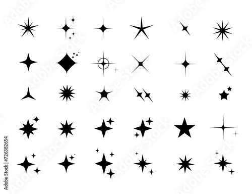 Star y2k icons, star shape vector set. Abstract y2k sparkles. Twinkling stars, abstract sparkle black silhouettes symbol shining burst. Vector