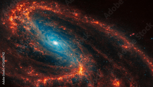 Face-on spiral galaxy, NGC 3627. Bright orange, red blue, black hole galactic long-range captured image. Elements of this image furnished by NASA (observed by the Webb telescope)