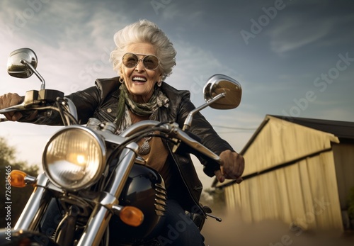 An adventurous elderly woman embraces a modern lifestyle as she travels the world, riding a motorcycle through diverse landscapes, symbolizing her free-spirited and courageous approach to exploration