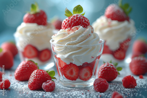 delicate dessert featuring strawberries and whipped cream layered in a glass, adorned with a dusting of powdered sugar